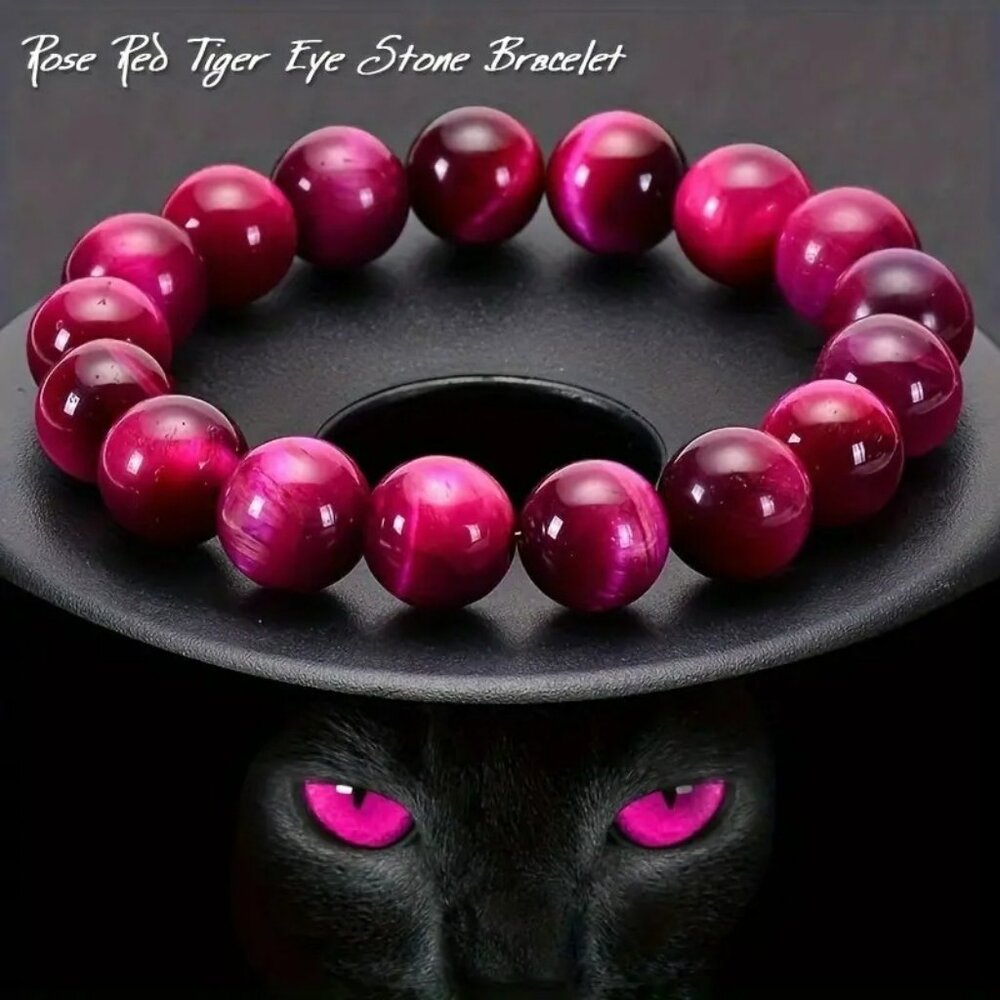 Rose Red Tiger Eye Stone Beaded Bracelet (SKU #0360)